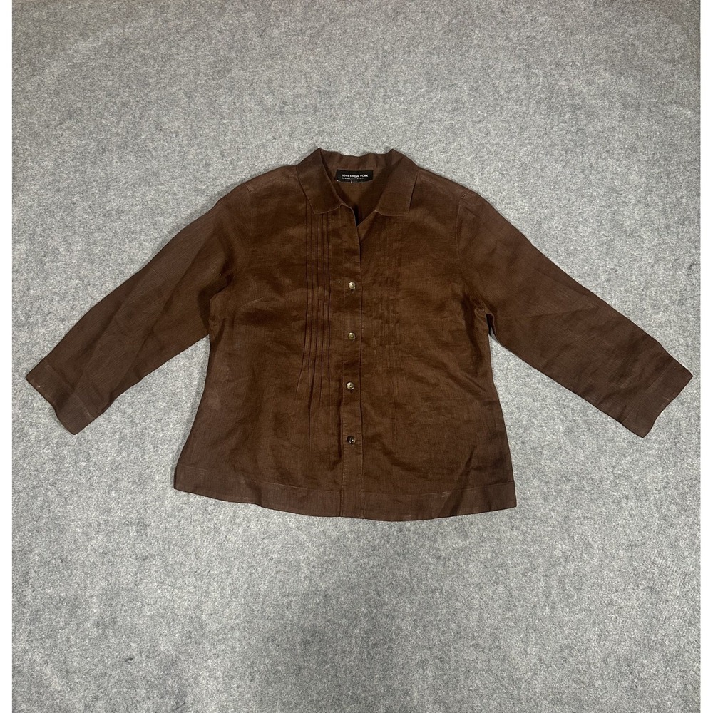 Jones New York‎ Collection Petite Button Down Shirt 8P Brown Pintuck Linen